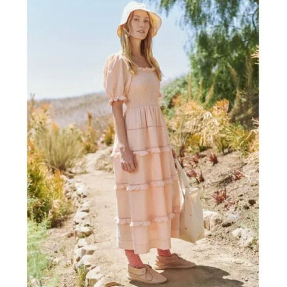 THE GREAT Savanna Scallop Dress Puff Sleeve Cottagecore Midi Size 2 Medium NWT